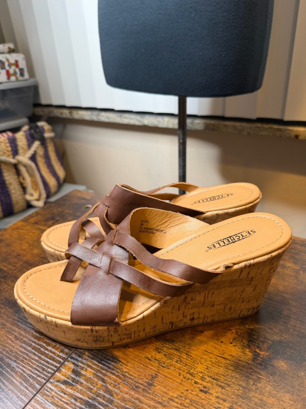 Seychelles platform wedge sandals cork-textured soles  brown strappy Size 9M
